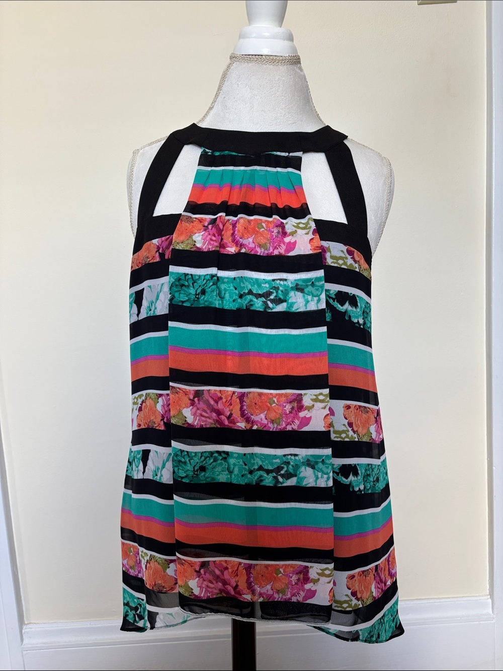 Bisou Bisou Sleeveless Striped Floral Cut Out Halter Top in Black, Teal & Coral